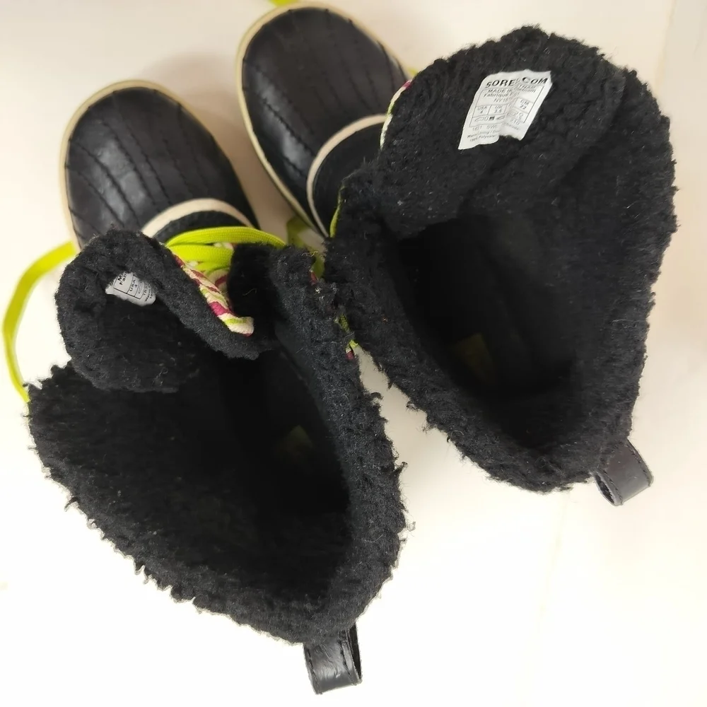 SOREL Tivoli Rubber‎ Pink Green Striped Youth 4 Winter Duck Boots Faux Fur Trim